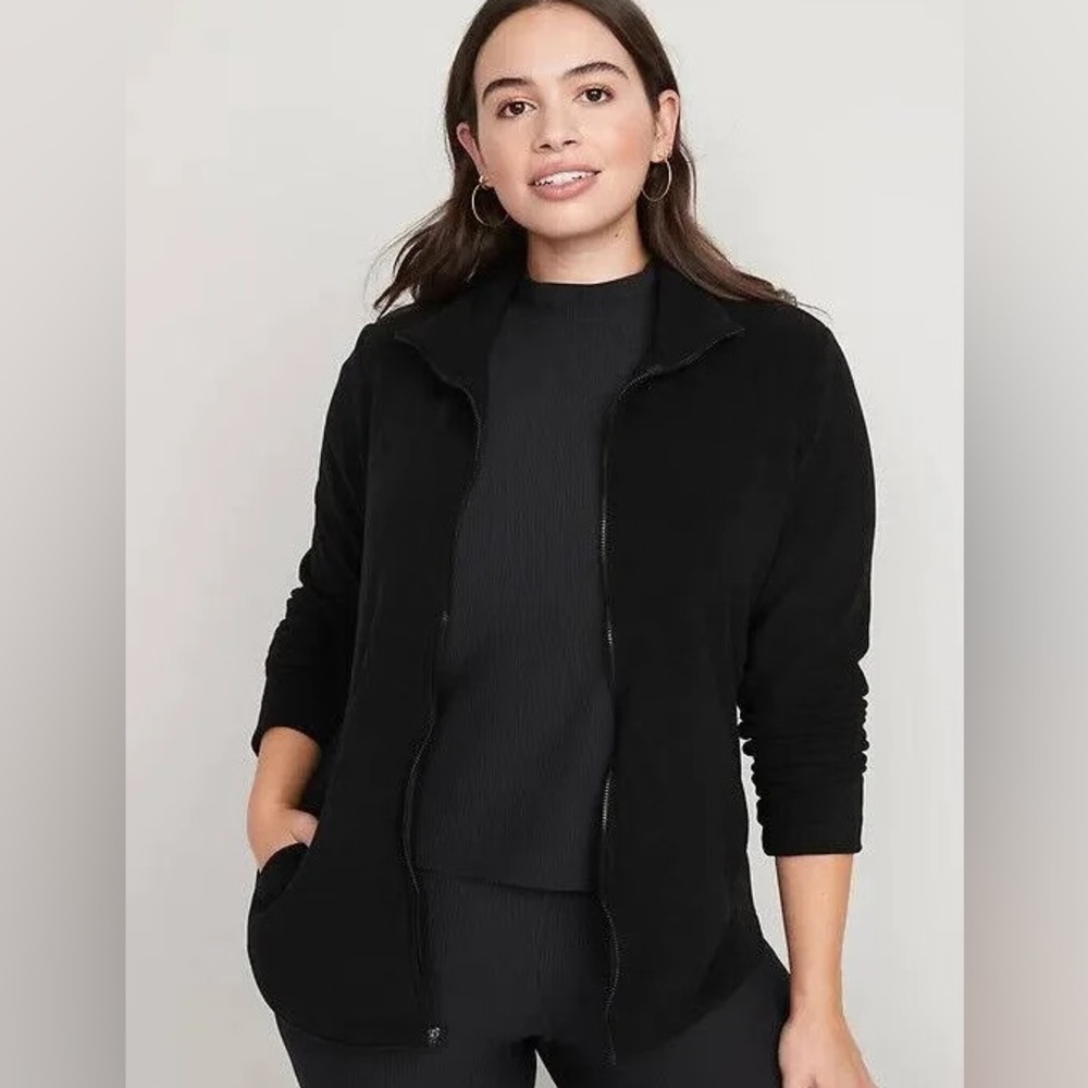 Old Navy Full Zip Fleece Jacket, Women, Black Lightweight Mock Neck, Medium